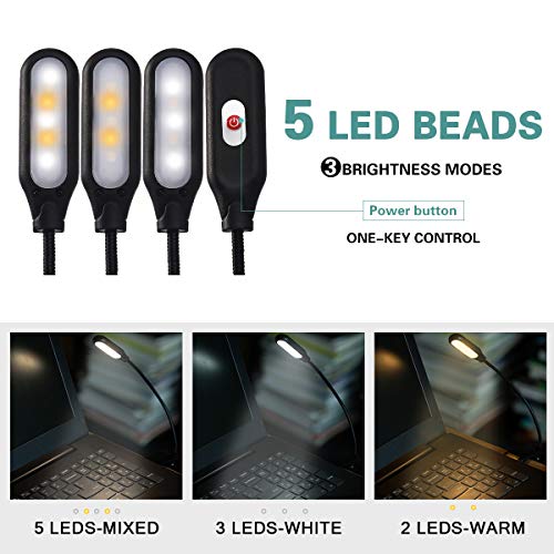 Briignite Book Light, LED Reading Light 3-Level Adjustable Brightness, 5 LED Clip Lights for Book Reading in Bed, USB Eye Care Book Lamp for Bookworm, Kids, Warm&Cool White, 2 Pack