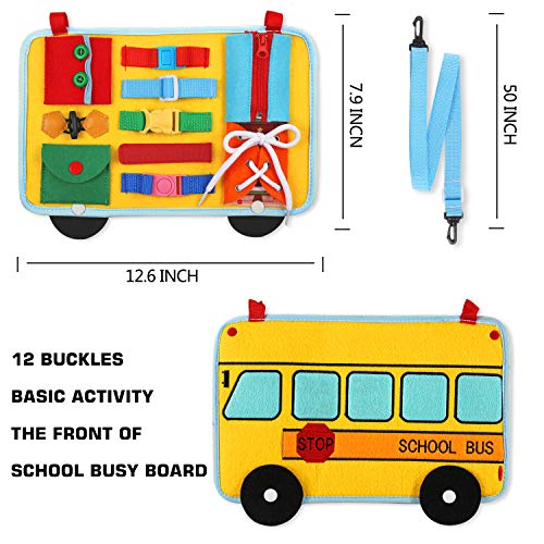 Busy Board, School Bus Style Activity Board(12 Basic Skill), for Fine Motor and Learn to Dress, Early Educational for Preschool Kids Toddler, Sensory Toy for Kindergarten Classroom Airplane Car Travel - Thumbnail 4