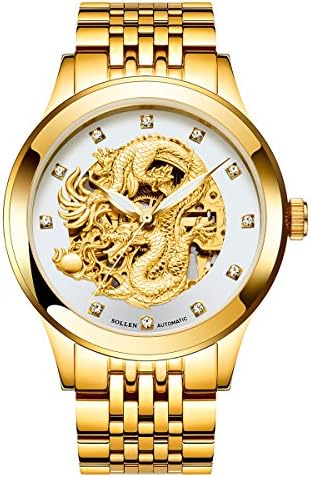 SOLLEN Men’s Dragon Collection Luxury Carved Dial Gold Automatic Wrist Waterproof Watch SL-602 (Gold+Silver+Full gold)