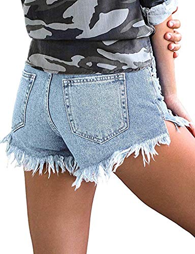 NEWFANGLE Women\' Casual Denim Jean Shorts,Mid-Rise Frayed Raw Hem Ripped Hot Short,Light Blue,XL