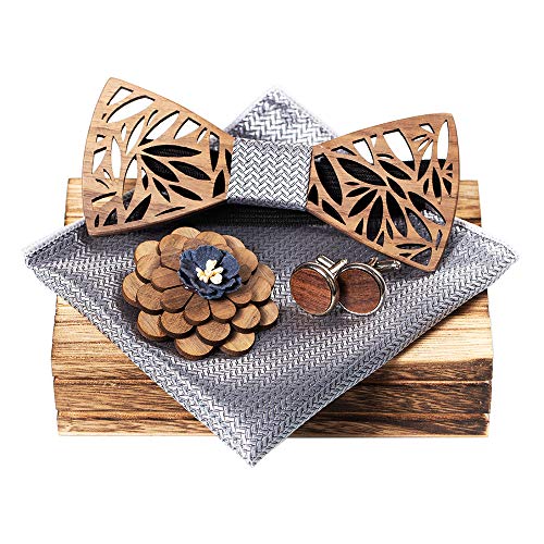 Amzchoice Classic Handmade Mens Wood Bow Tie with Matching Pocket Square Men's Cufflinks Lapel Flower Set (C3), Large - Thumbnail 7