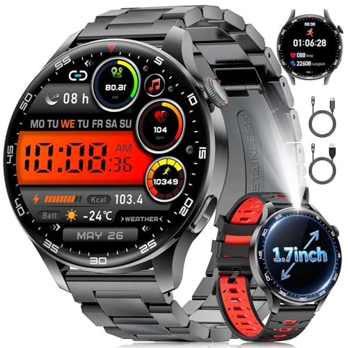 Reloj Inteligente Hombre 2026 con Llamada, Gran pantalla HD de 1,7'' con Batería de 800 mAh, Luz LED, Mide Sueño y Ritmo Cardíaco, 100+ Modos Deportivos, Smartwatch IP68 para Android e iOS, Negro-Rojo