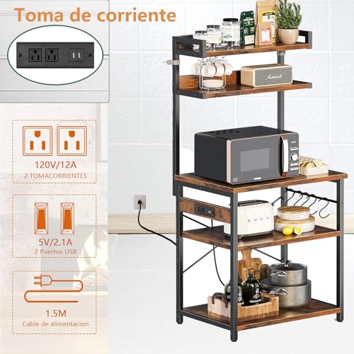 LOKOOY Alacena de Almacenamiento de 5 Niveles, Estante de Cocina con Enchufes y 5 Ganchos，Estante de Microondas, Mueble Multiusos de Cocina, Sala, Oficina，Cafetería