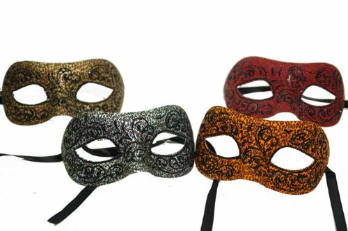 NEW Classic Vintage Venetian Design Laser Cut Masquerade Mask for Mardi Gras or Halloween - 4pc Set Red, Yellow, Gray and Light Brown