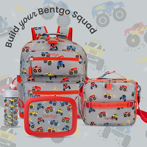 Bentgo Kids Lunch Bag - Double-Insulated, Reusable Lunch Bag for Kids 3+ with Adjustable Strap; Holds Lunch Box/Water Bottle/Snacks; Easy-Clean, Water-Resistant & Pockets (Trucks)