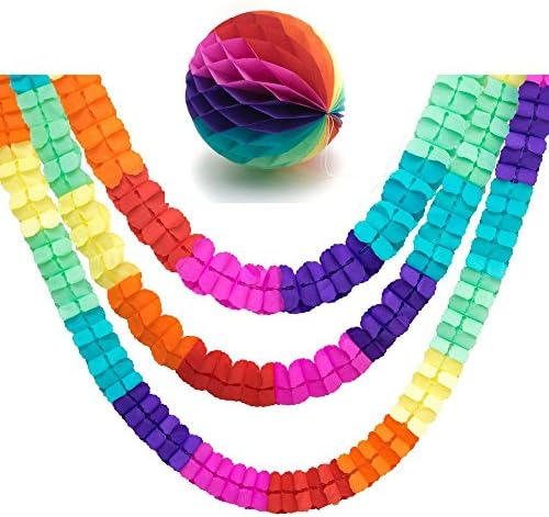 Hanging Garland Four-Leaf Tissue Paper Flower Garland Reusable Multi-color Party Streamers With Free Honeycomb Ball for Wedding or Birthday Decoration, 9 Pack Set (Rainbow Circus)