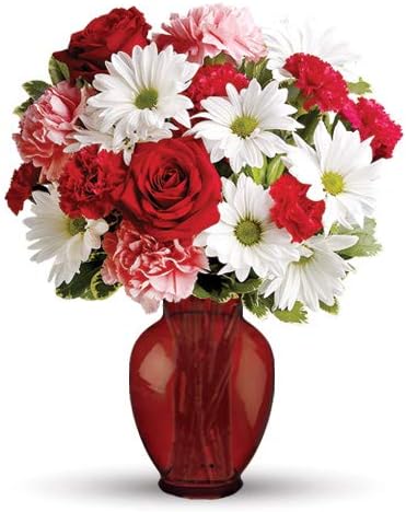 Hugs and Kisses Red Roses, White Daisies, Pink Carnations Bouquet in a Red Vase (Fresh Cut Flowers)