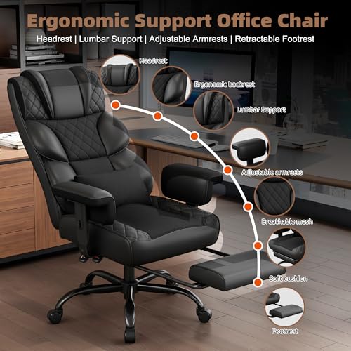 Vonesse Big and Tall Office Chair, Gaming Chair with Soft Adjustable Armrests, Ergonomic High Back Desk Chair with Lumbar Support, Executive Computer Chairs with Footrest (PU Leather, Black)