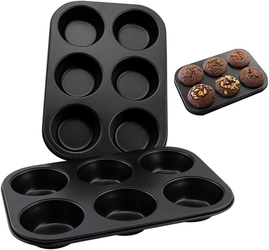Heavy Duty Carbon Steel Cupcake 6 Cup Cake Pan High Temperature Resistant Food Grade FDA Approved Non-stick Baking Tray Muffin Tray Cake Baking 2 Pack