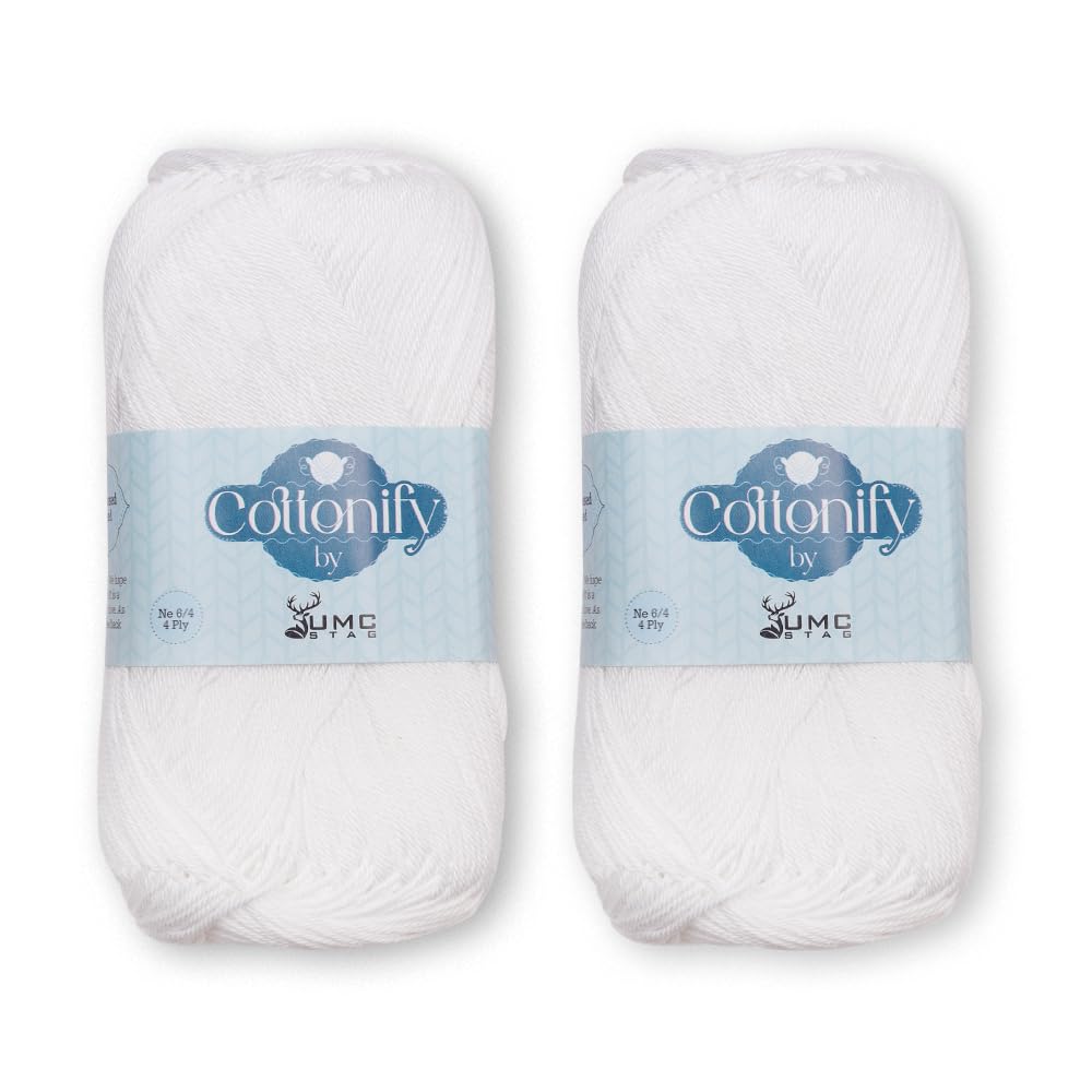 Cottonify 4 Ply Pack of 2 100% Combed Cotton Mercerized Crochet and Knitting Yarn| 4 Ply Medium Weight | Gassed & Mercerized Ne 6/4 Soft Yarn – 186 Yd 100 Grams per Ball | (2, White)