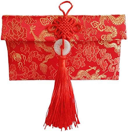 FANTAC CRAFTS Lucky Red Envelope Cash Money Gift Pocket Brocade Hongbao Cell Phone Case Bag Chinese Embroidery Dragon (1 piece Dragon and Flower)