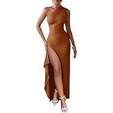 LAGSHIAN Women's Summer Sexy Bodycon One Shoulder High Split Ruched Cocktail Party Long Dress