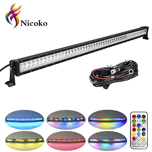Nicoko 52" 300w straight LED Light bar With Chasing RGB Halo 10 solid color over 72 modes Spotlights Off Road Lights Driving Lights Fog Lights LED Work Light with mounting brackets wiring harness