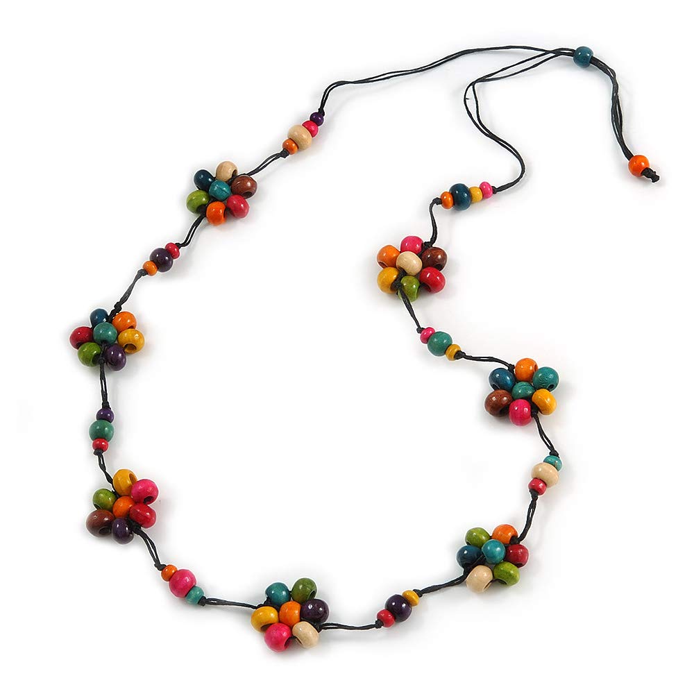 Avalaya Stunning Multicoloured Wood Flower Black Cotton Cord Long Necklace - 90cm L