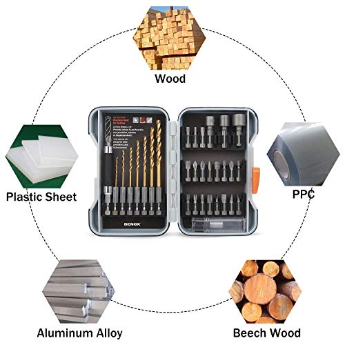 Benox Titanium Metal Drill Bits 1/4" Hex Shank Quick Release Drill Bits Screwdriver Bit Set Extension Holder Quick Change Holder High Torque Screw Driver Bit (32pcs Drill And Screwdriver Bits)