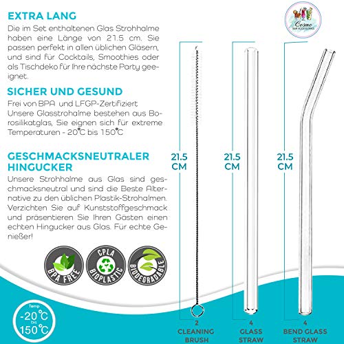 COSMO Glasstrohhalme Set mit Reinigungsbürsten – Spülmaschinenfest und Wiederverwendbar – Strohhalme gebogen und gerade… – Bild 2