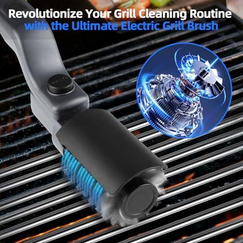Verbesserte elektrische Grillbürste, Akku-Betrieben mit Verstellbarem Winkel, Edelstahl-Bürstenkopf, 3-Stufen Reinigung, 90 Min Laufzeit, Wasserdicht für Grillroste (Grau)