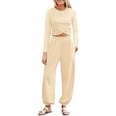 Fisoew Women's 2 Piece Lounge Sets Casual Long Sleeve Crossover Crop Tops Jogger Pants Tracksuits Outfits
