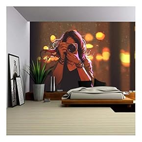 Illustration - Painting of Woman with Camera on Night City Background,Illustration - Removable Wall Mural | Self-Adhesive Large Wallpaper - 66x96 inches