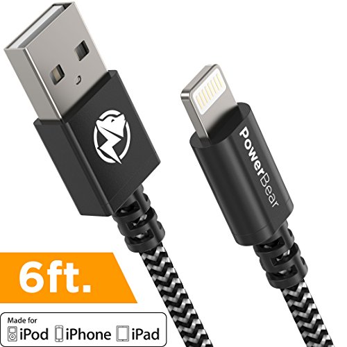 PowerBear Lightning Cable [MFI] 6ft Double Braided Nylon Power Cord [Fast Charge Compatible] for iPod, iPad, iPhone 6 / 6S / 7 / 8 / Plus / X - [24 Month Warranty]
