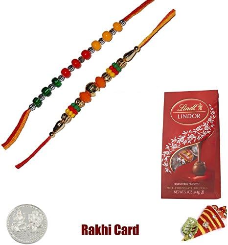 Set of 2 Rakhi with Lindt Chocolates 5 Ounces- Colorful Beads rakhi + Tricolor Beads Rakhi