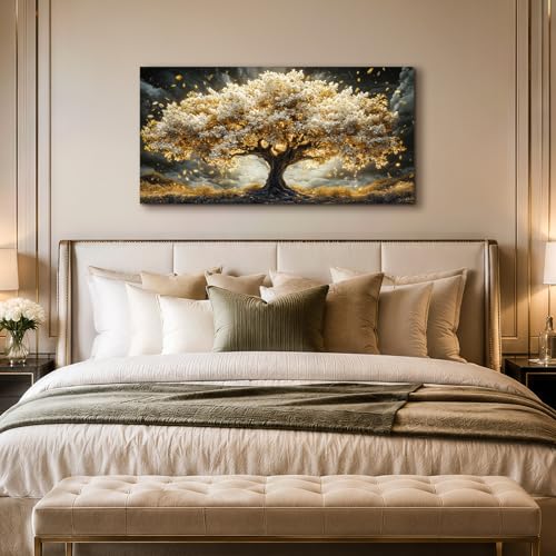 JHHUAMO Cuadros Decoracion Salon Modernos, Lienzos Decorativos Grandes, Laminas Decorativas Dorado Árbol de la Vida, Pinturas Naturaleza Artística Dormitorios Oficina Habitacion Pasillo 50x100 cm