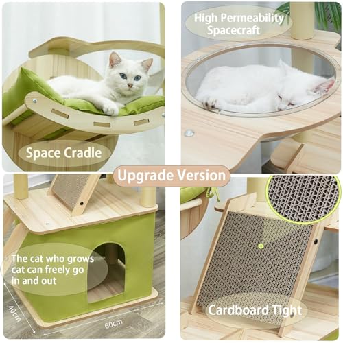 Cat Tree Top 150 cm with 1 Space Capsule, 1 Cat House, 1 Cat Scratching Board, 1 Cat Hammock, 1 Plush Jumping Platform, 1 Toy Ball, 1 Green Cushion (Green)