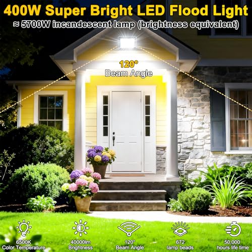 CREATESTAR Outdoor LED Spotlight 400W, Outdoor LED Spotlights 6500K 40000LM Cool White Light, IP66 Waterproof Outdoor Headlight for Sports Warehouse Garage Garden Parking Field Courtyard, 1 Pieces