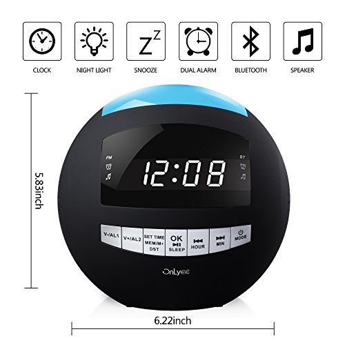 OnLyee Bluetooth Alarm Clock Radio, AM FM Radio, Digital LED, 7 Colored Night Light, AUX, Speaker, Dual USB Chargers, Dual Alarms - Kids Desk Kitchen Bedroom Heavy Sleepers