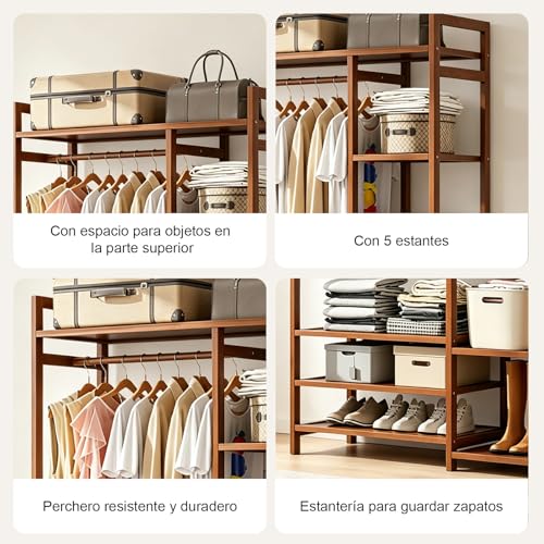 Perchero de Bambú Multiusos con 6 Niveles, Perchero para ropa Resistente con Barra para Colgar y Estantes de Almacenamiento, Adecuado para Dormitorio, Balcón y Lavandería,120 * 30 * 150CM（Marrón）