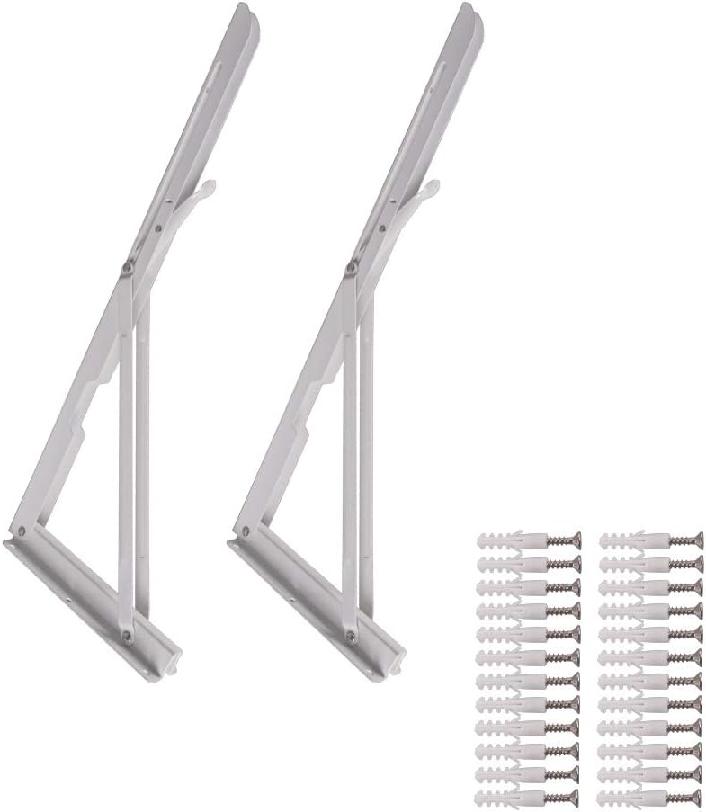Ewead. 20-Inch Metal Triangle Table Bench Folding Shelf Brackets, 2 Pcs Folding Shelf Hinge Wall Mounted with Mounting Screws, Short Release Arm