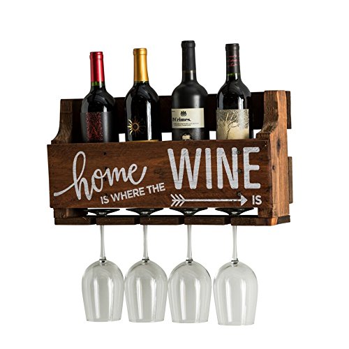 The Little Elm Wine Rack w/Quote 'Home is Where the Wine is', del Hutson Designs - USA Handmade Reclaimed Wood, Wall Mounted, 4 Bottle 4 Long Stem Glass Holder (Walnut)