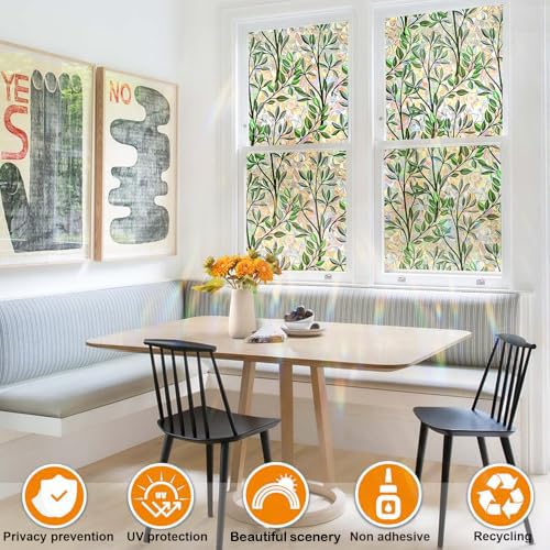 KOWVOWZ 3D Stained Glass Privacy Window Film, Green Leaves Door Film, UV Sun Blocking Window Films, Reusable 3D Decals Non-Adhesive Window Vinyl Stickers for Living Room Kitchen Office (44.5x200cm)