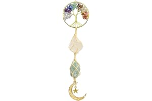 LERSUSI Tree of Life Chakra Stones Meditation Hanging Ornaments Car Rear View Mirrors Decor Healing Crystal Accessories for Home Decor （Rock Crystal + Green Fluorite）