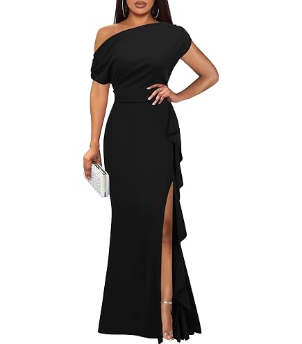 WOOSEA Women's Elegant Sleeveless Off Shoulder Sexy Split Bodycon Long Formal Party Evening Dress Black : Clothing, Shoes & Jewelry
