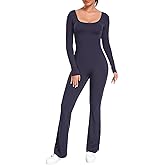 ECUPPER Women Long Sleeve Flared Jumpsuit Scrunch Romper One Piece Full Bodysuits Yoga Unitard Wide Leg Catsuit with Pocket