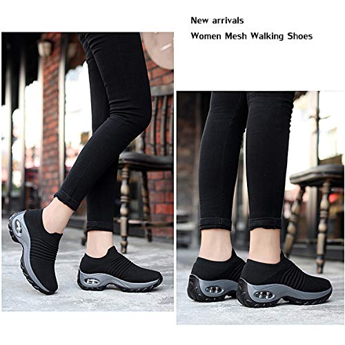 EXEBLUE Women Mesh Walking Shoes Slip on Breathable Fashion Sneakers Comfort Wedge Platform Loafers Black