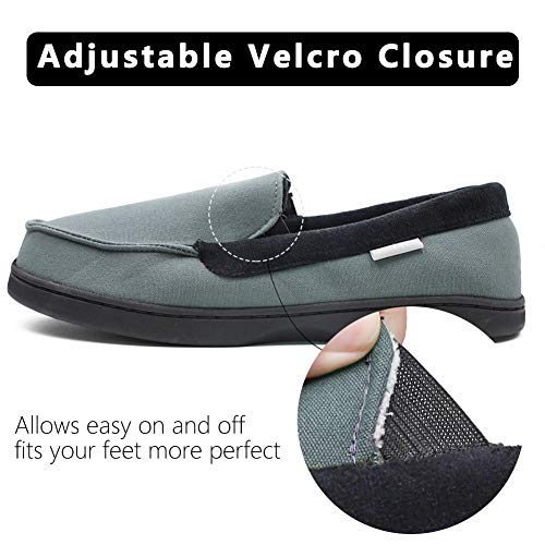 Mwfus Men's Comfy Velvet Cotton Moccasin Slippers with Memory Foam Breathable House Shoes Anti-Skid Indoor/Outdoor (10, Canvas Upper, Navy Grey)
