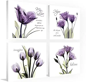 YAJI Purple Tulip Flower Canvas Wall Art - Flickering Flower Canvas Prints- Inspirational Quotes Canvas Picture Print Purple Home Decor 4 Panel Artwork(12×12in×4pcs)
