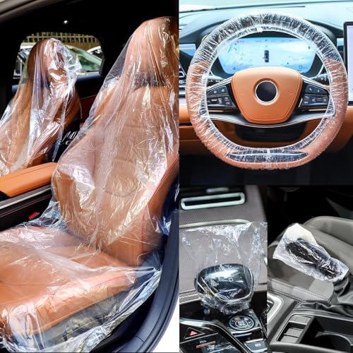 Joyzzz Disposable Car Seat Covers, 300 Pcs Clear Car Seat Protector, Plastic Seat Covers, Includes Wheel Covers, Gear Selector Covers and Handbrake Cover for Truck Auto Bus Accessories