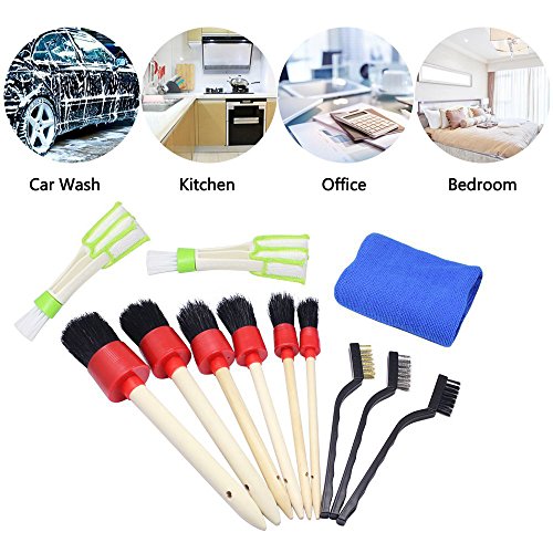 NKIPORU 12Pcs Car Cleaner Brush Set Including Natural Boar Hair Detail Brush Wire Detail Brush Air Conditioner Brush Wash Cloth for Cleaning Wheels Exterior Interior