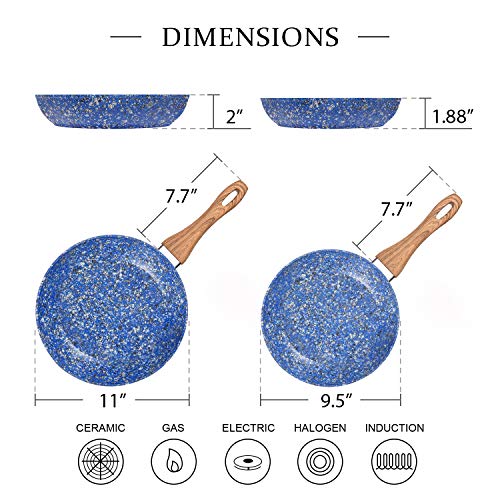 MICHELANGELO Granite Frying Pans, Nonstick Frying Pan Set, Blue Granite Rock Frying Pans Nonstick, Stone Nonstick Skillets, Induction Compatible, 9.5" & 11" – Blue
