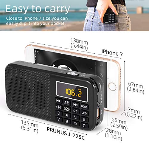 PRUNUS J-725 Portable Rechargeable Radio, FM Radio with 3000mAh Rechargeable Battery, Small Portable Digital Radio with Clock/Alarm Clock and Emergency Lighting, Support MP3/SD/USB/AUX