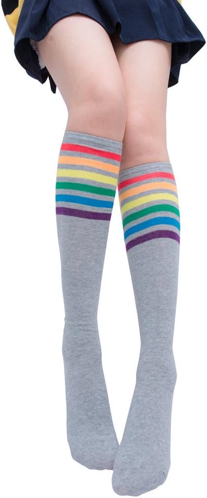TUDUZ Women Knee-High Socks Thigh High Socks Over Knee Rainbow Stripe Girls Football Sport Socks Black White Gray