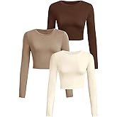 SOLY HUX Women's 3 Piece T Shirt Long Sleeve Crew Neck Slim Fitted Tee Dressy Casual Crop Going Out Tops