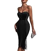 UONBOX Women's Strapless Elegant Tassel Tube Dress Bodycon Party Bandage Dress