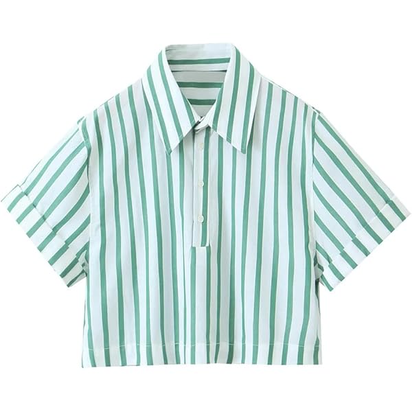 Women En8 Crop Striped Shirt Lapel Short Sleeve Button Up