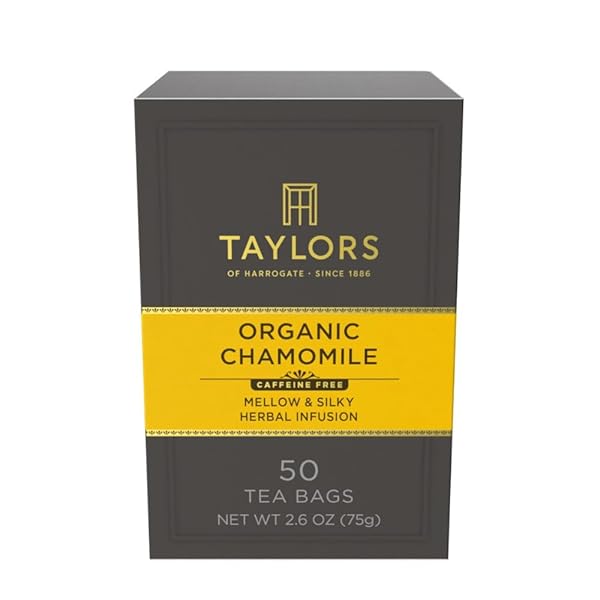 TAYLORS OF HARROGATE ORGANIC CHAMOMILE, HERBAL TEA, PILLOW BAGS, 50 COUNT (PACK OF 1), MELLOW, SILKY & SOFT, CAFFEINE-FREE, ENJOY HOT OR ICED, 50 TEABAGS