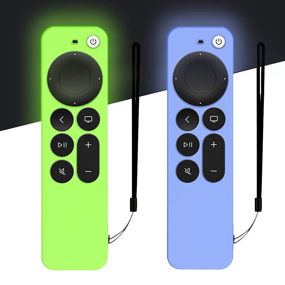 DAZUAN Silicone Case for Apple TV 4K 2021 Remote Control, 2 PCS, Full Body Protective Cover, Shockproof, Durable, Silky-Soft, Anti-Loss Rope (Glow Blue+Glow Green)