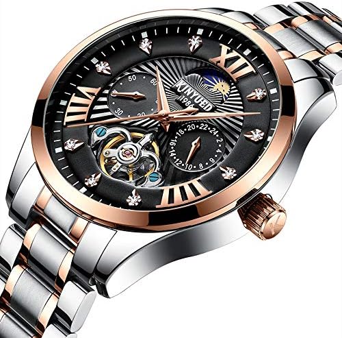 Mens Tourbillon Mechanical Luminous Watch Moon Phase Stainless Steel self Wind Wristwatch Military Sport Leather Automatic Watches for Men